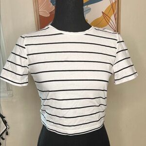 Zara White and Black Striped Short Sleeve Cropped Tee Size M